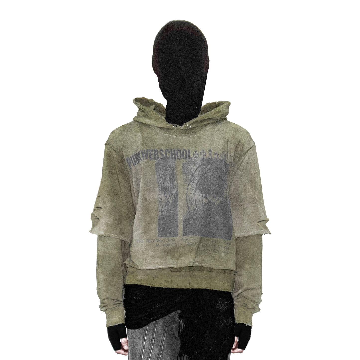 "PunkWebSchool" khaki distressed hoodie