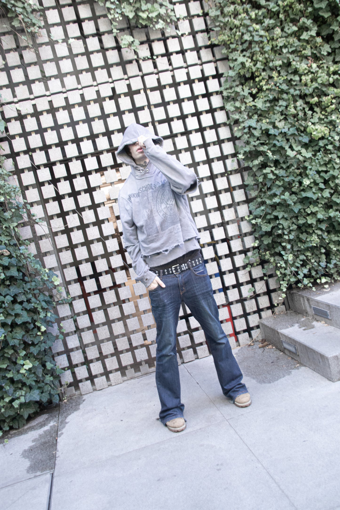 "PunkWebSchool" graphite distressed hoodie