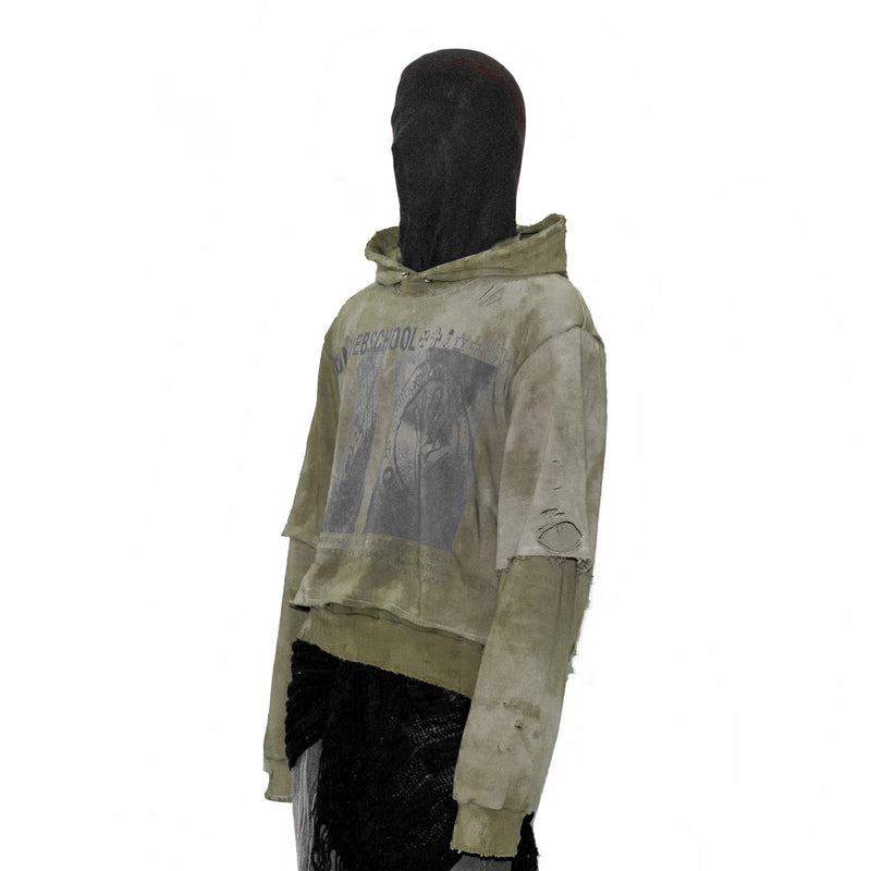 "PunkWebSchool" khaki distressed hoodie