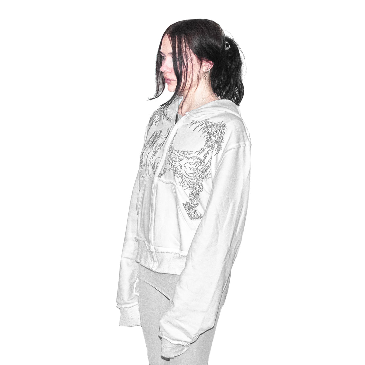 "nymph" white distressed hoodie