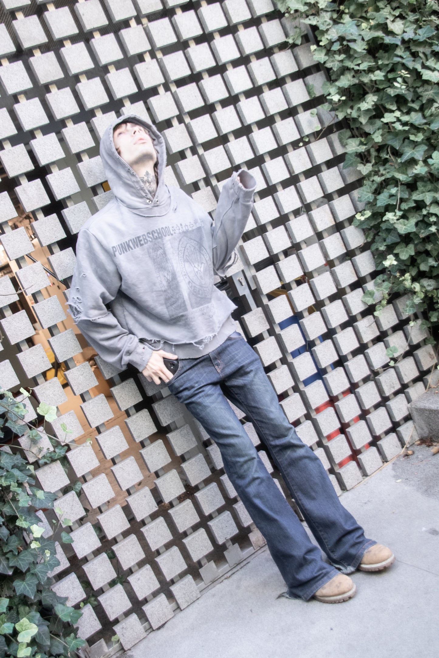 "PunkWebSchool" graphite distressed hoodie