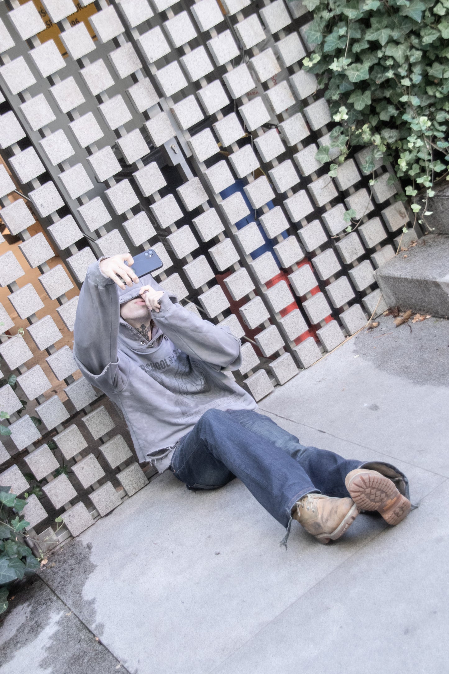 "PunkWebSchool" graphite distressed hoodie